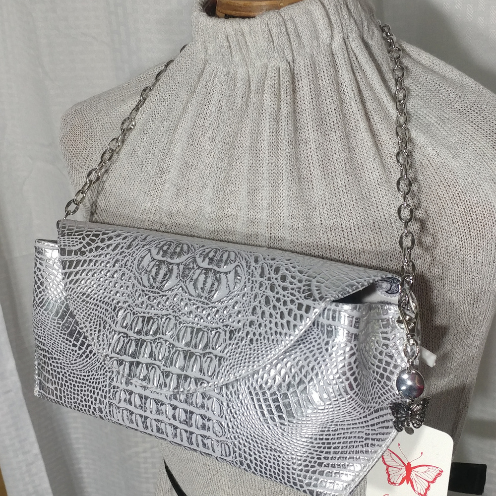 NWT Silver faux leather clutch with silver chain